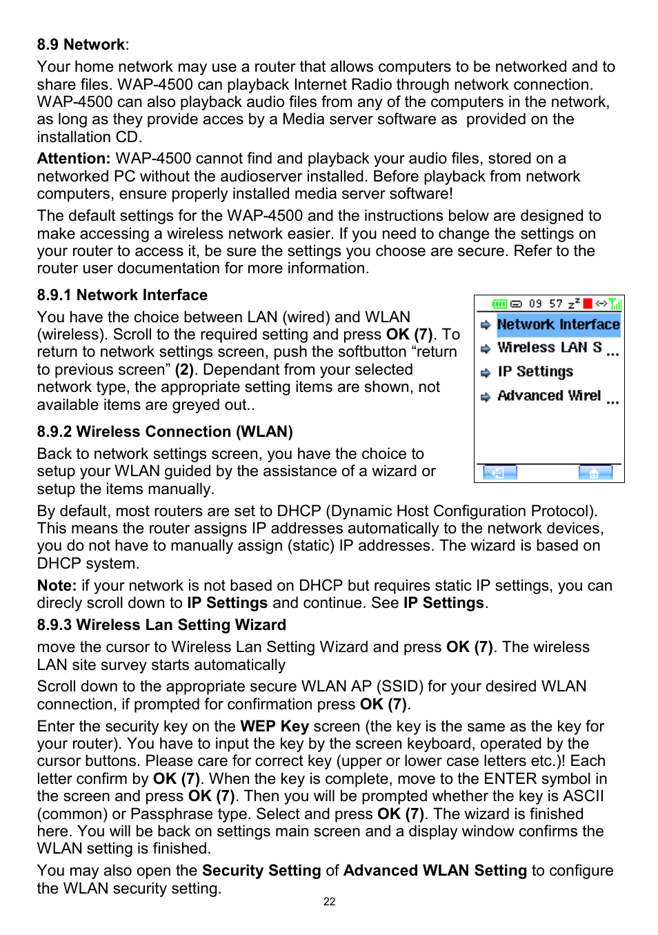 9 network, 1 network interface, 2 wireless connection (wlan) | 3 wireless lan setting wizard | Teac WAP-4500 User Manual | Page 22 / 31