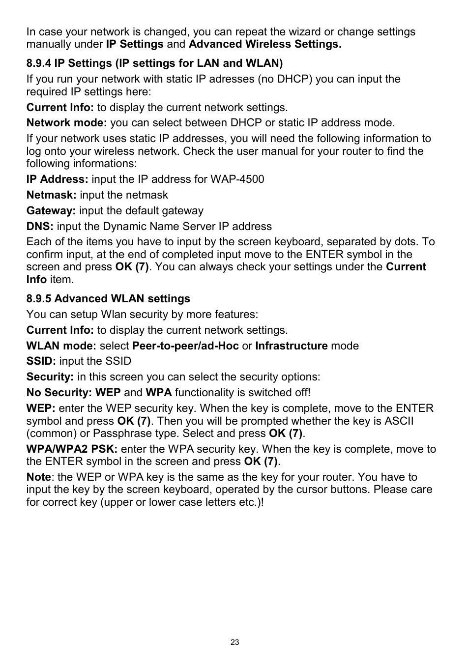 4 ip settings (ip settings for lan and wlan), 5 advanced wlan settings | Teac WAP-4500 User Manual | Page 23 / 31