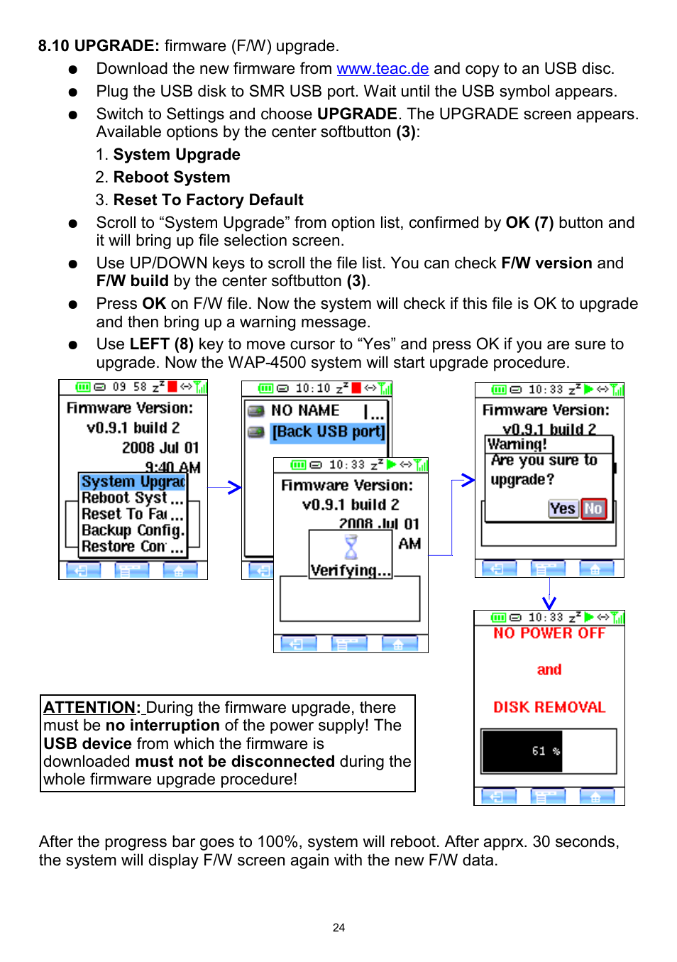 10 upgrade: firmware (f/w) upgrade | Teac WAP-4500 User Manual | Page 24 / 31