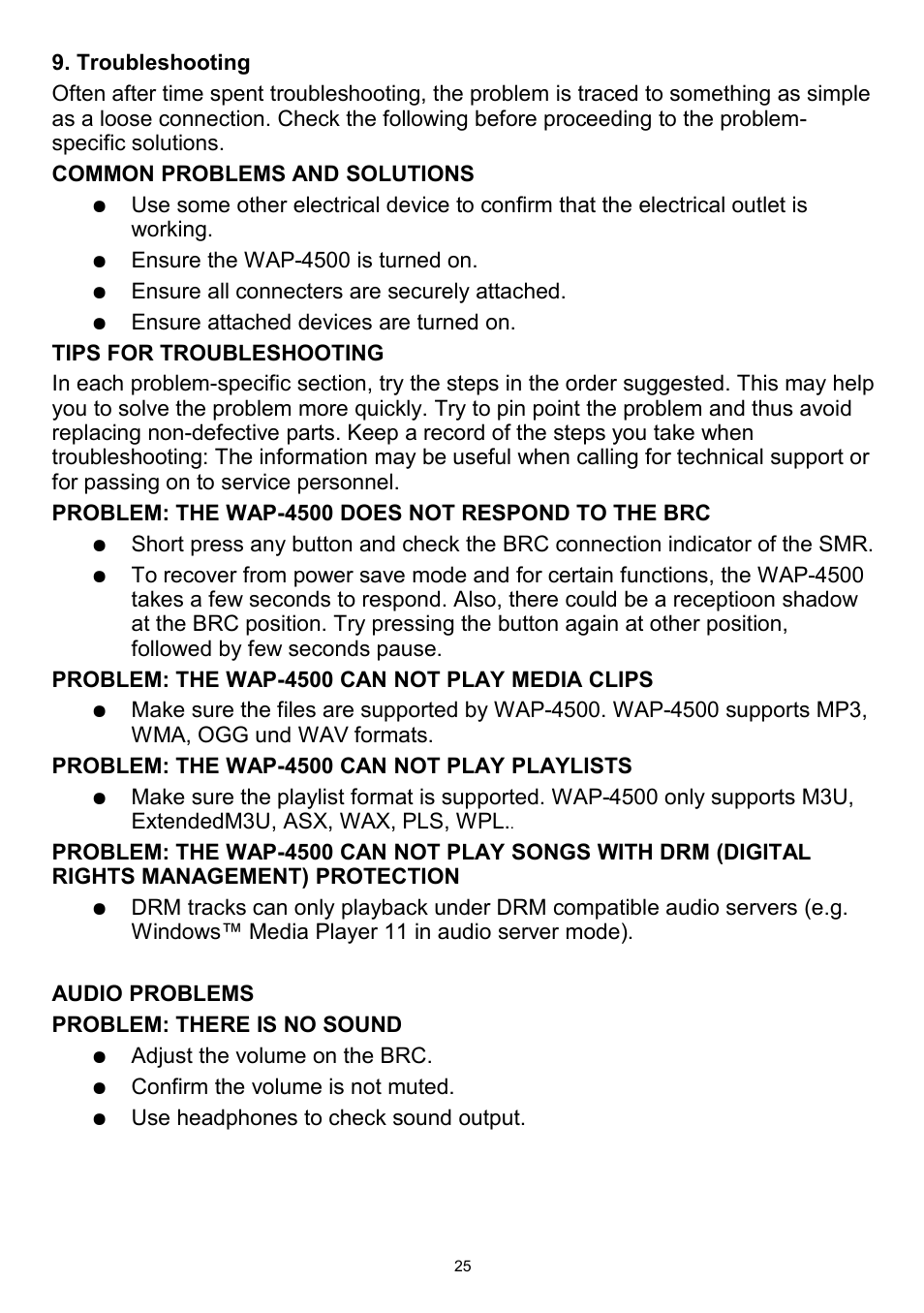 Troubleshooting | Teac WAP-4500 User Manual | Page 25 / 31