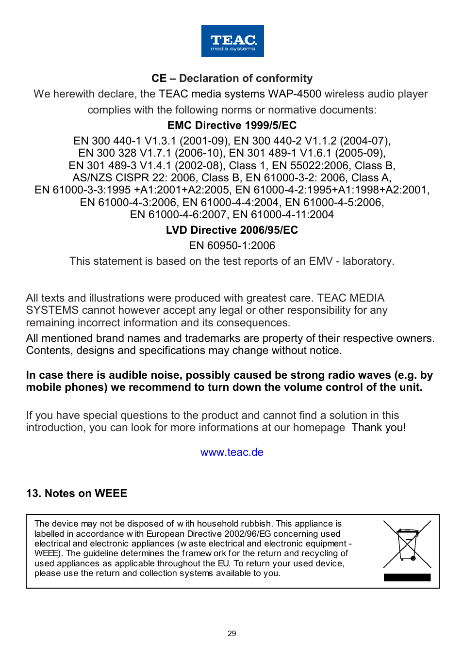 Ce – declaration of conformity, Notes on weee | Teac WAP-4500 User Manual | Page 29 / 31