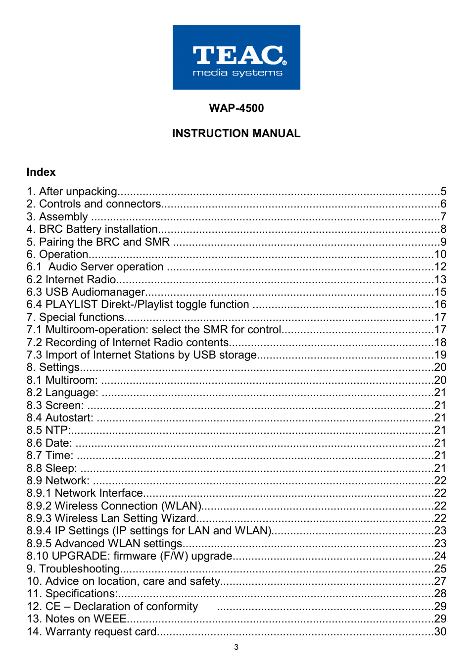 Teac WAP-4500 User Manual | Page 3 / 31