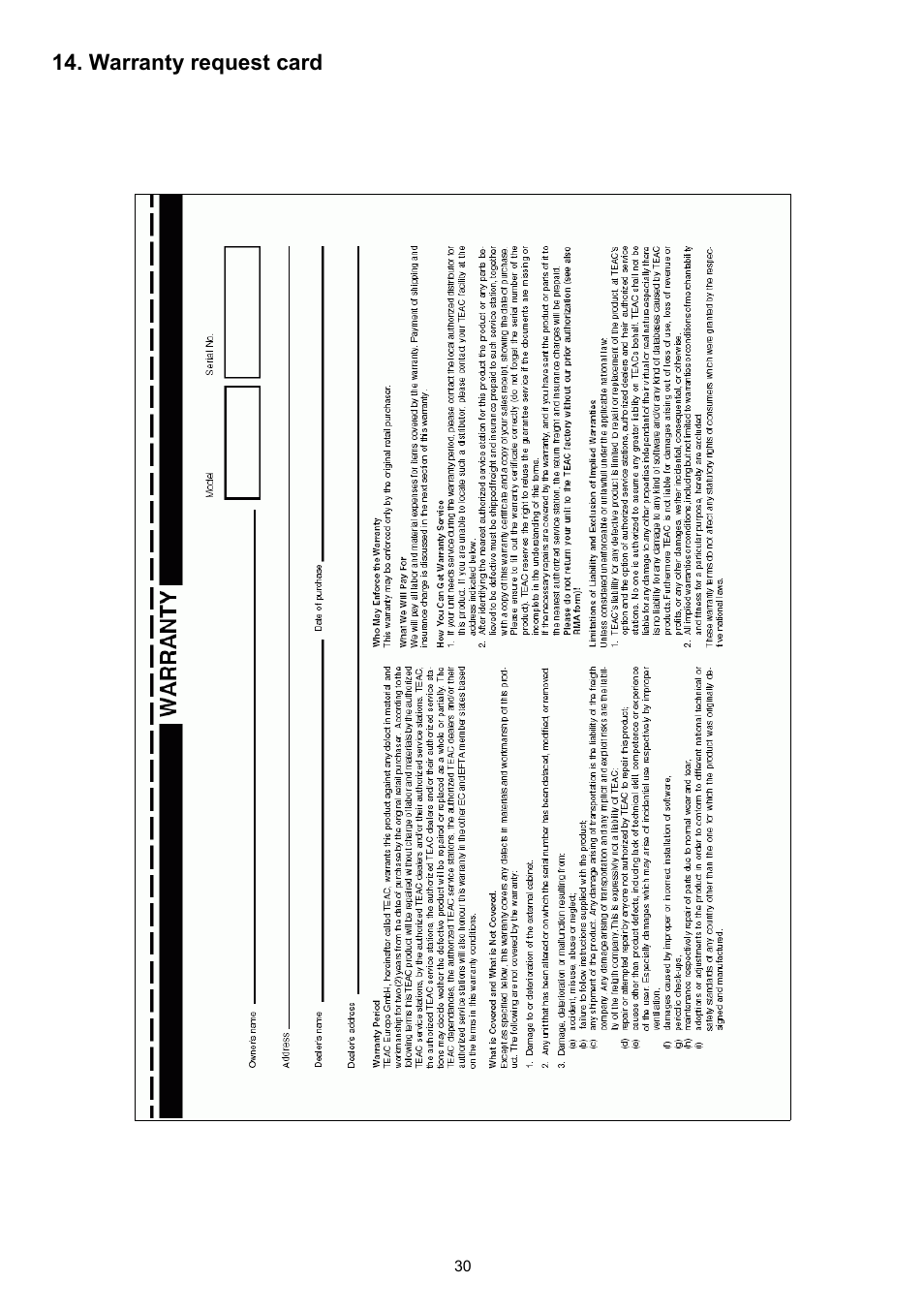 Warranty request card | Teac WAP-4500 User Manual | Page 30 / 31