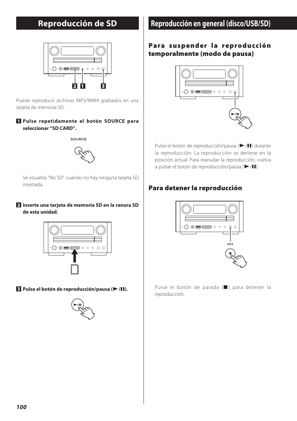 Reproducción de sd, Reproducción en general (disco/usb/sd), Para detener la reproducción | Teac CD Receiver CR-H238i User Manual | Page 100 / 118