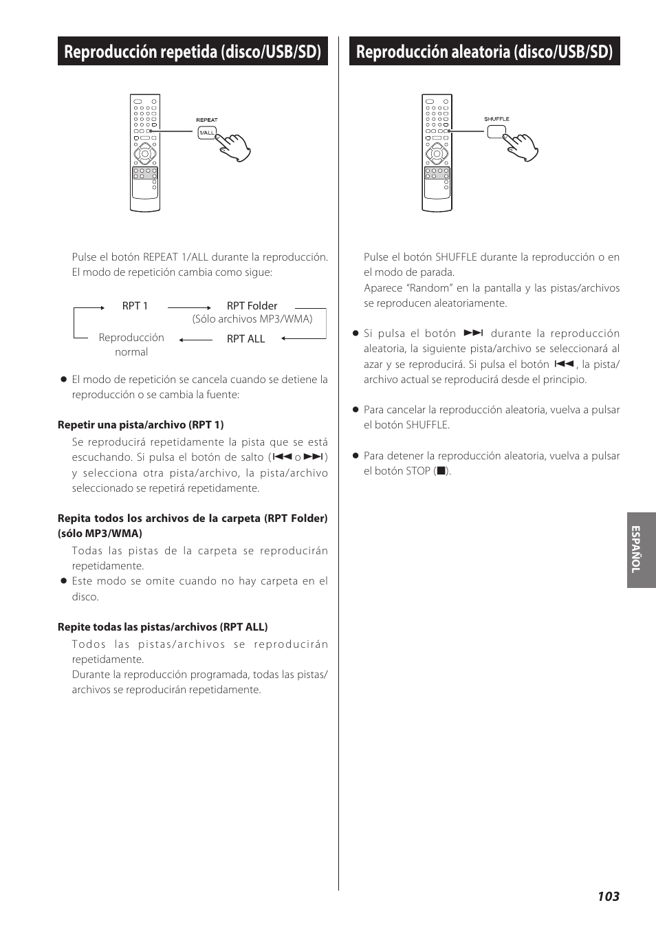 Reproducción repetida (disco/usb/sd), Reproducción aleatoria (disco/usb/sd) | Teac CD Receiver CR-H238i User Manual | Page 103 / 118