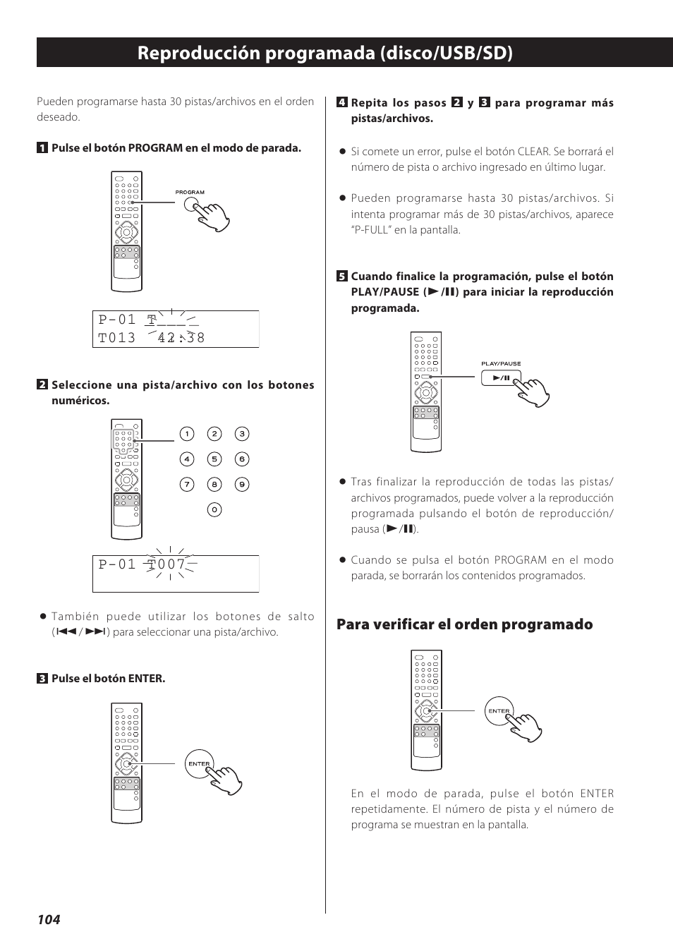 Reproducción programada (disco/usb/sd), Para verificar el orden programado | Teac CD Receiver CR-H238i User Manual | Page 104 / 118