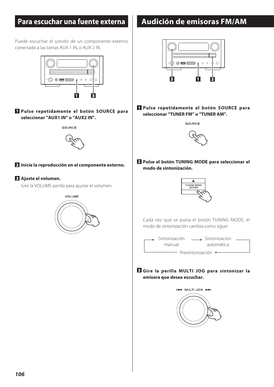 Para escuchar una fuente externa, Audición de emisoras fm/am, Presintonización | Teac CD Receiver CR-H238i User Manual | Page 106 / 118