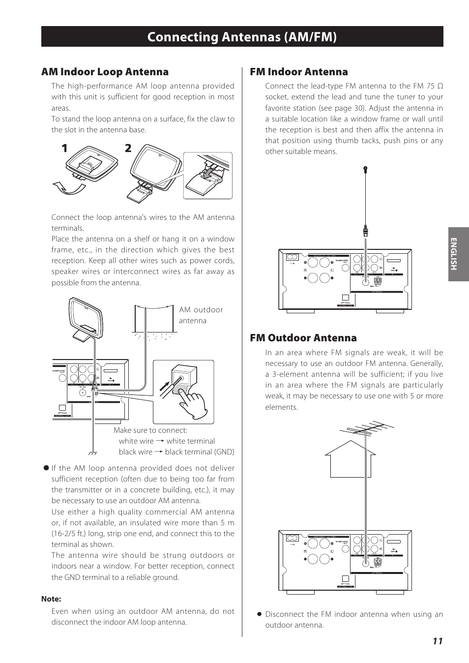 Connecting antennas (am/fm), Am indoor loop antenna, Fm indoor antenna | Fm outdoor antenna | Teac CD Receiver CR-H238i User Manual | Page 11 / 118