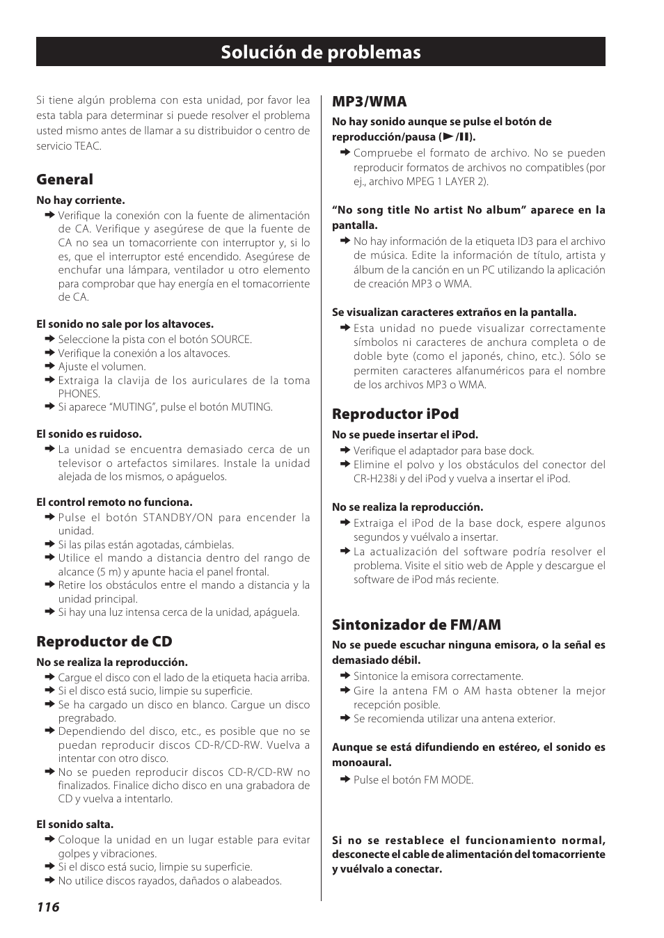 Solución de problemas, Mp3/wma, Reproductor ipod | Sintonizador de fm/am, General, Reproductor de cd | Teac CD Receiver CR-H238i User Manual | Page 116 / 118