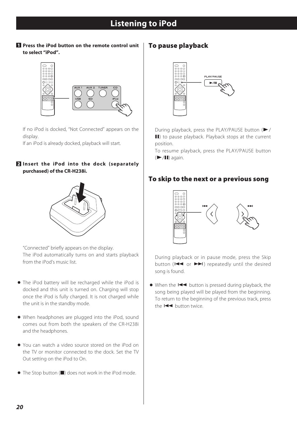 Listening to ipod | Teac CD Receiver CR-H238i User Manual | Page 20 / 118