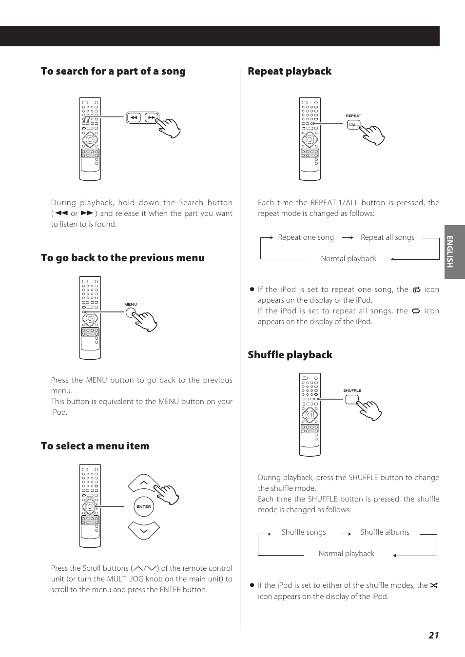 Repeat playback, Shuffle playback | Teac CD Receiver CR-H238i User Manual | Page 21 / 118