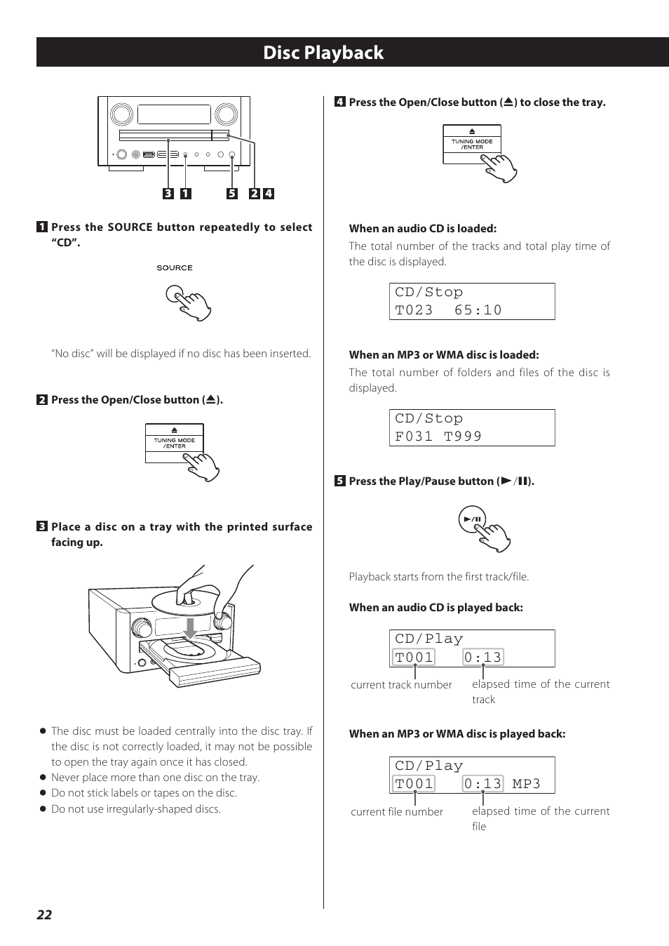 Disc playback, Usb playback | Teac CD Receiver CR-H238i User Manual | Page 22 / 118