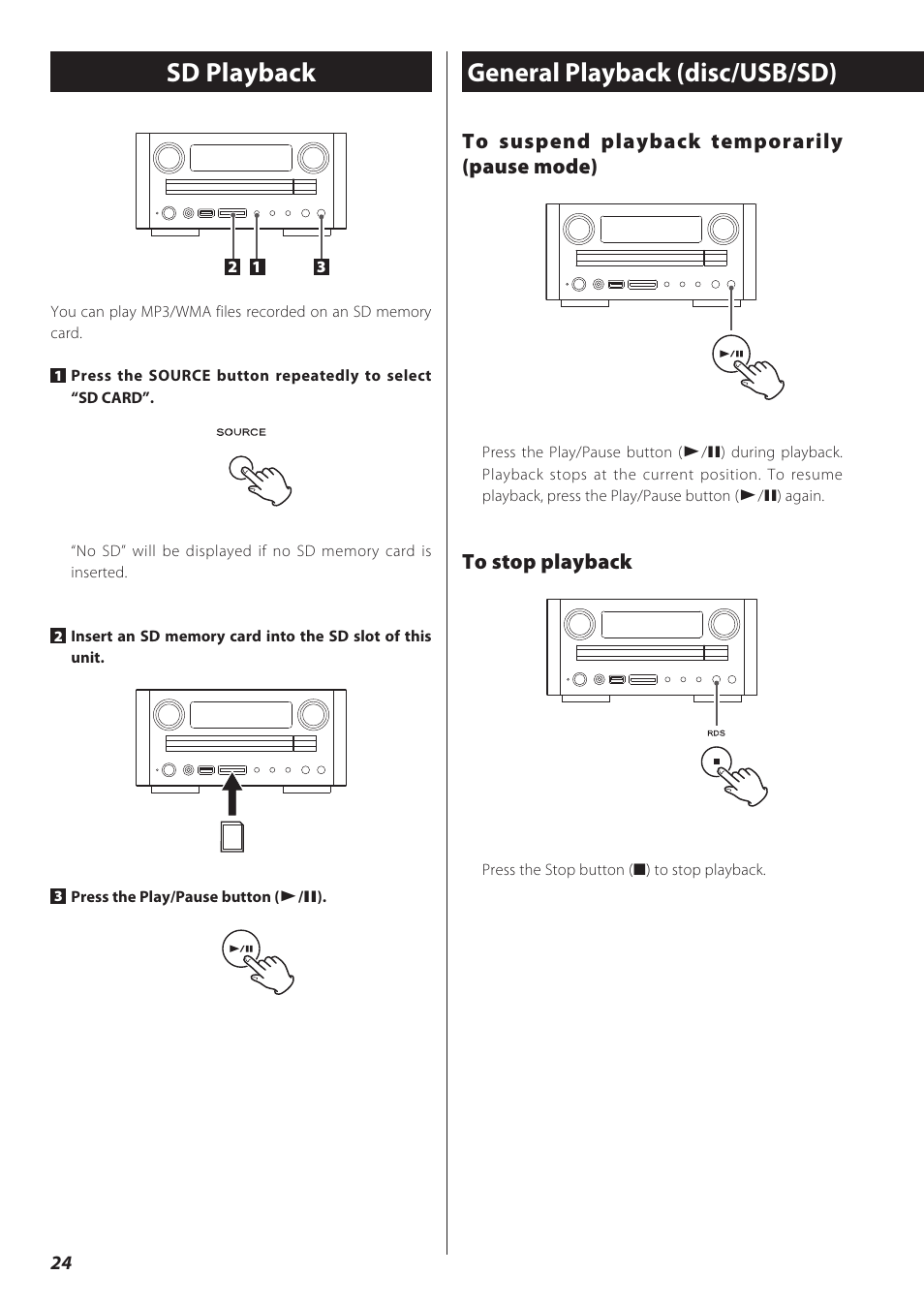 Sd playback, General playback (disc/usb/sd) | Teac CD Receiver CR-H238i User Manual | Page 24 / 118