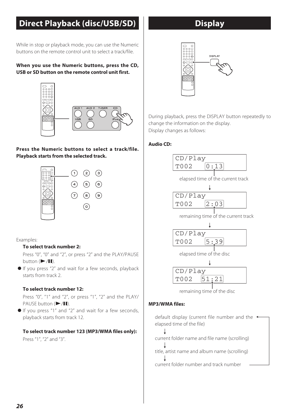 Direct playback (disc/usb/sd), Display, Repeat playback (disc/usb/sd) | Shuffle playback (disc/usb/sd) | Teac CD Receiver CR-H238i User Manual | Page 26 / 118