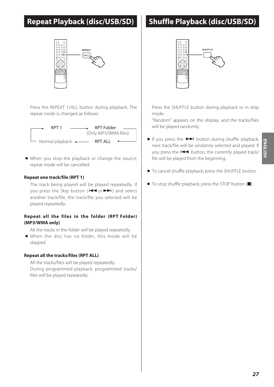 Repeat playback (disc/usb/sd), Shuffle playback (disc/usb/sd) | Teac CD Receiver CR-H238i User Manual | Page 27 / 118