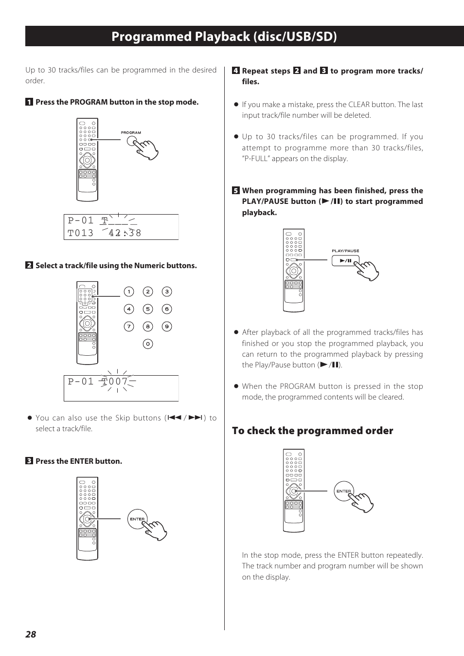 Programmed playback (disc/usb/sd) | Teac CD Receiver CR-H238i User Manual | Page 28 / 118