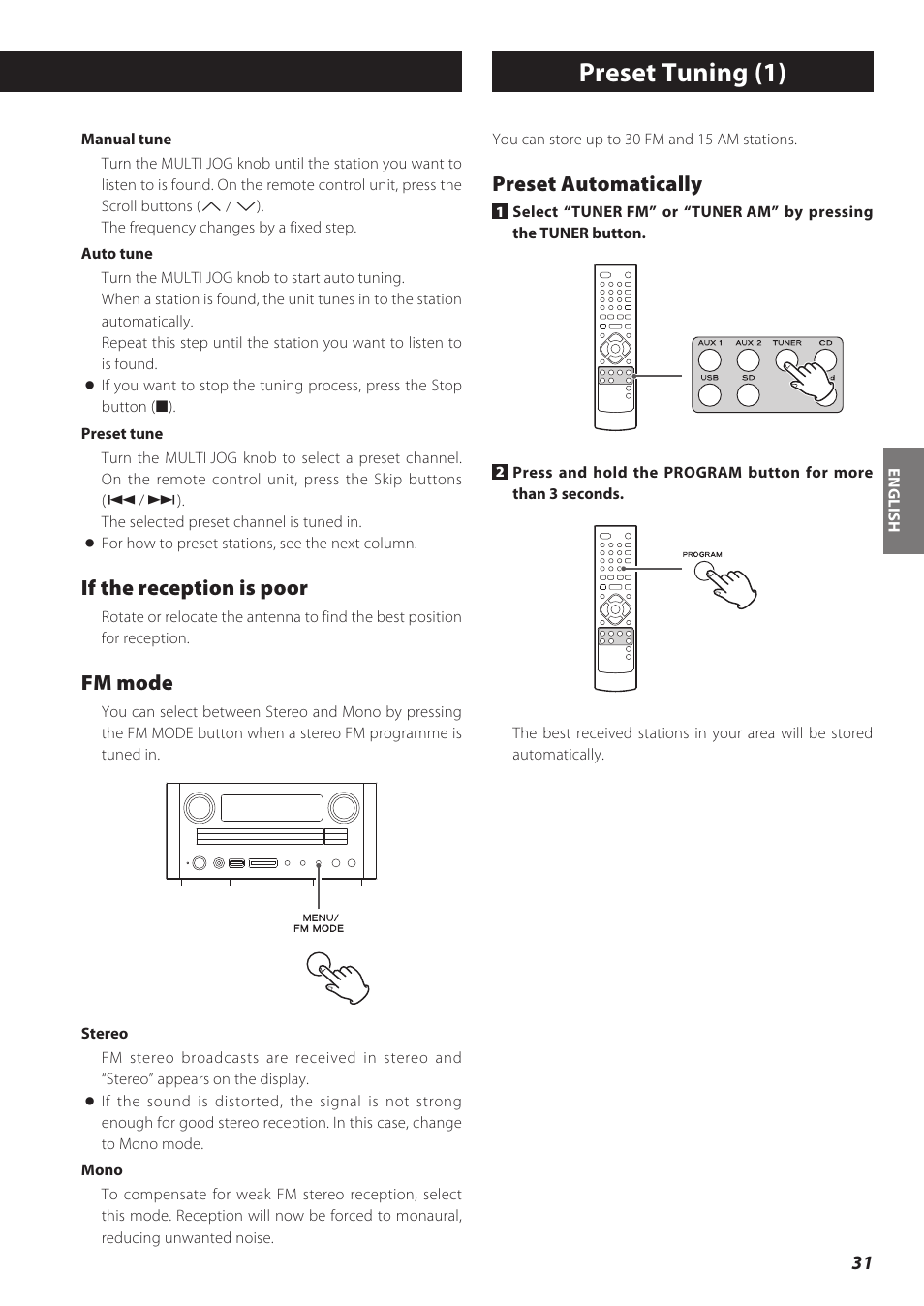 Preset tuning (1), If the reception is poor, Fm mode | Preset automatically | Teac CD Receiver CR-H238i User Manual | Page 31 / 118