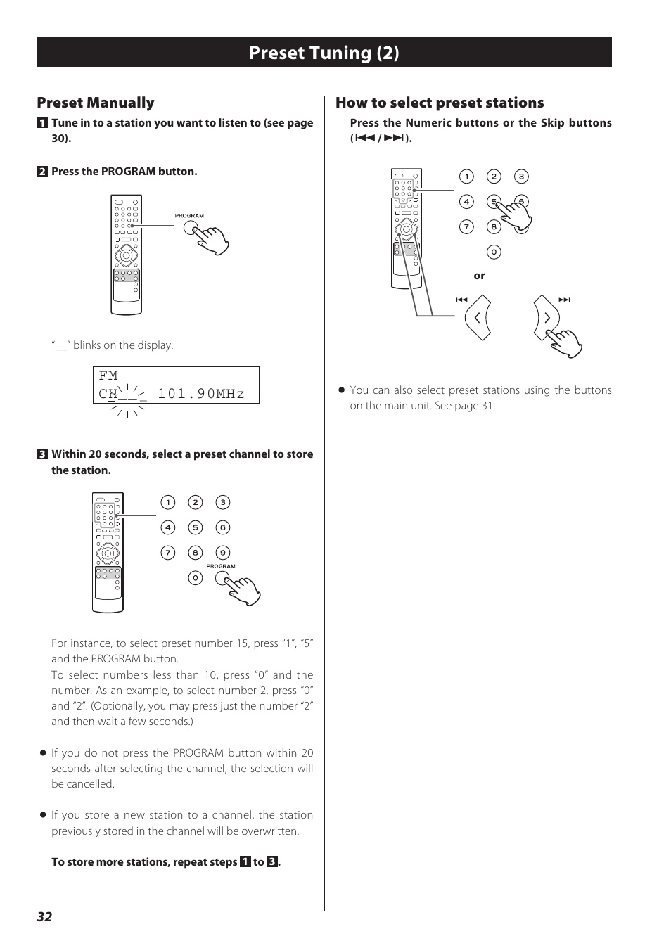 Rds (only for europe), Preset tuning (2), Fm ch mhz | How to select preset stations, Preset manually | Teac CD Receiver CR-H238i User Manual | Page 32 / 118