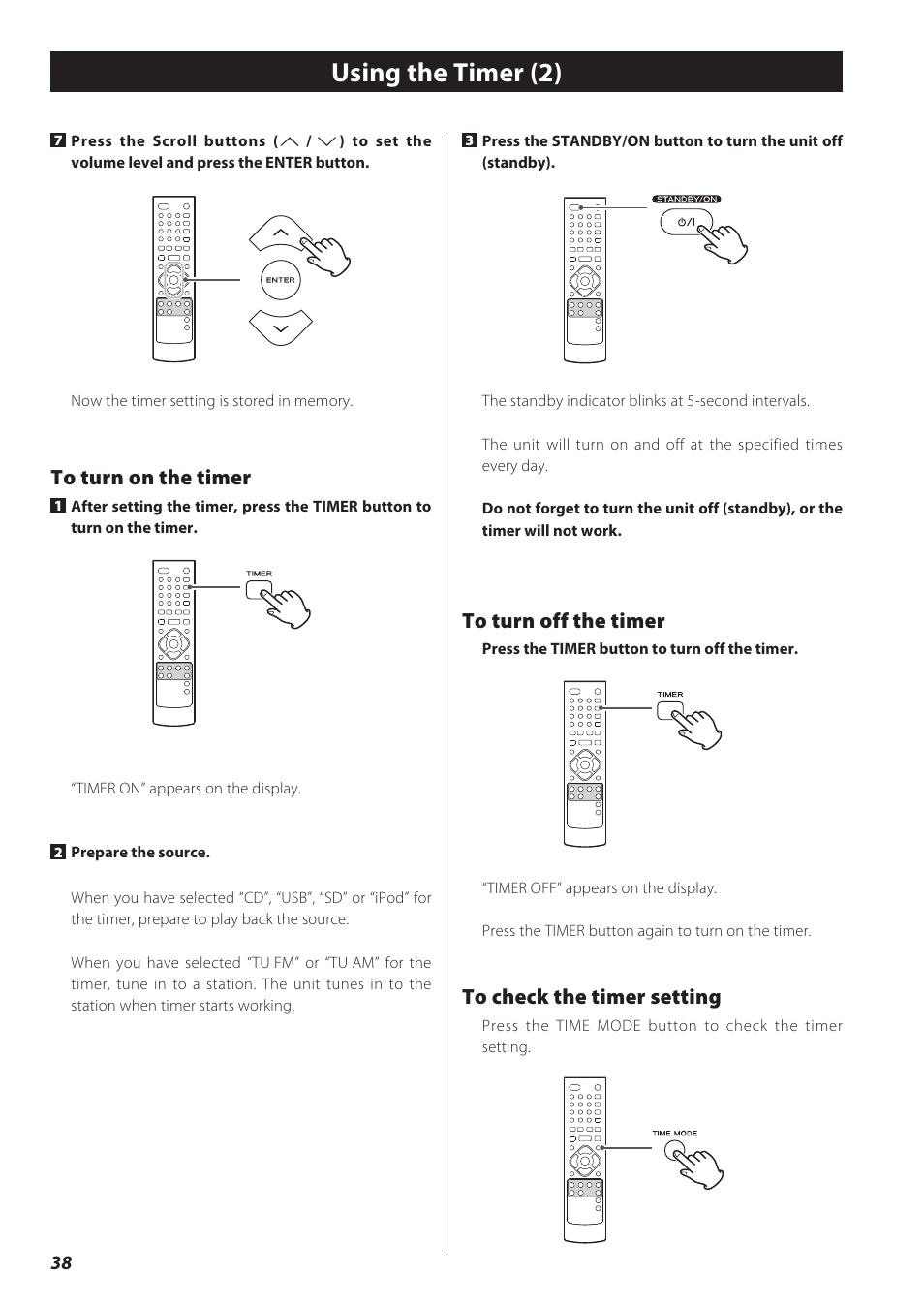 Specifications, Using the timer (2) | Teac CD Receiver CR-H238i User Manual | Page 38 / 118