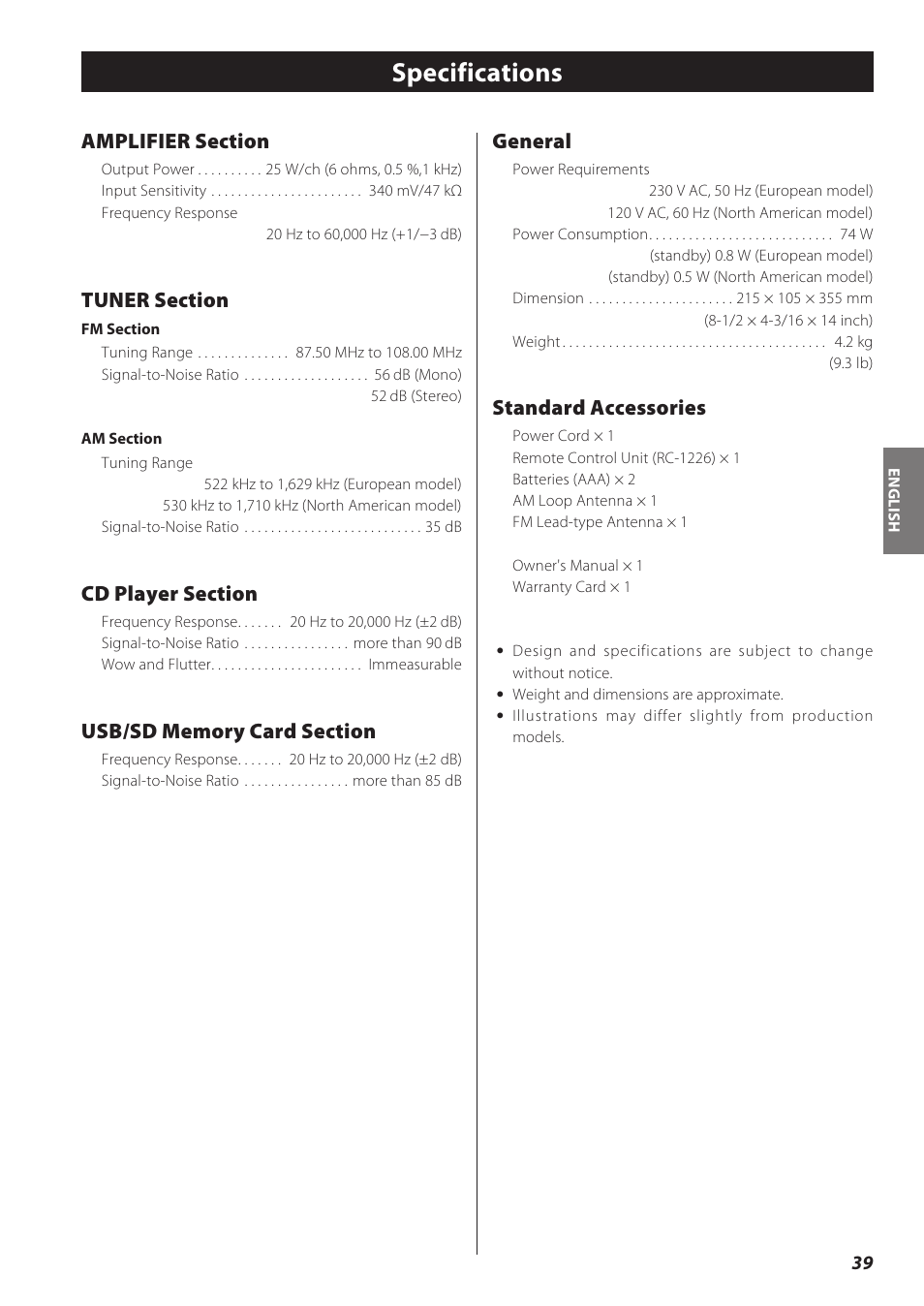 Specifications, General, Standard accessories | Teac CD Receiver CR-H238i User Manual | Page 39 / 118