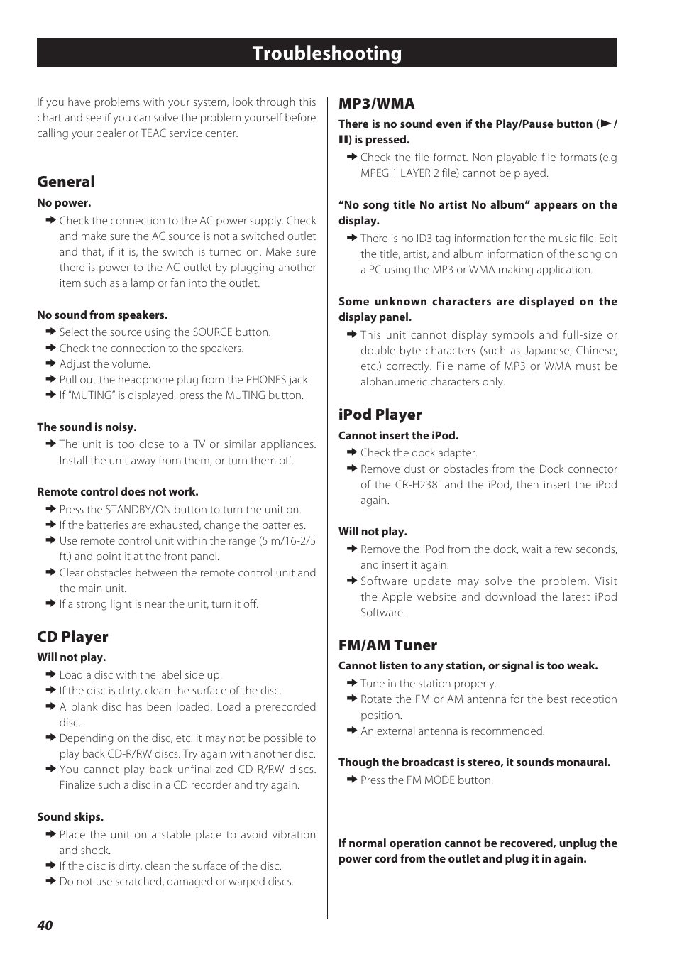 Troubleshooting, General, Cd player | Mp3/wma, Ipod player, Fm/am tuner | Teac CD Receiver CR-H238i User Manual | Page 40 / 118