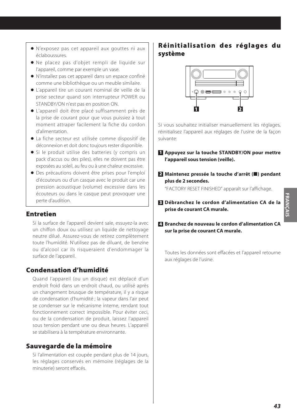 Entretien, Condensation d’humidité, Sauvegarde de la mémoire | Réinitialisation des réglages du système | Teac CD Receiver CR-H238i User Manual | Page 43 / 118