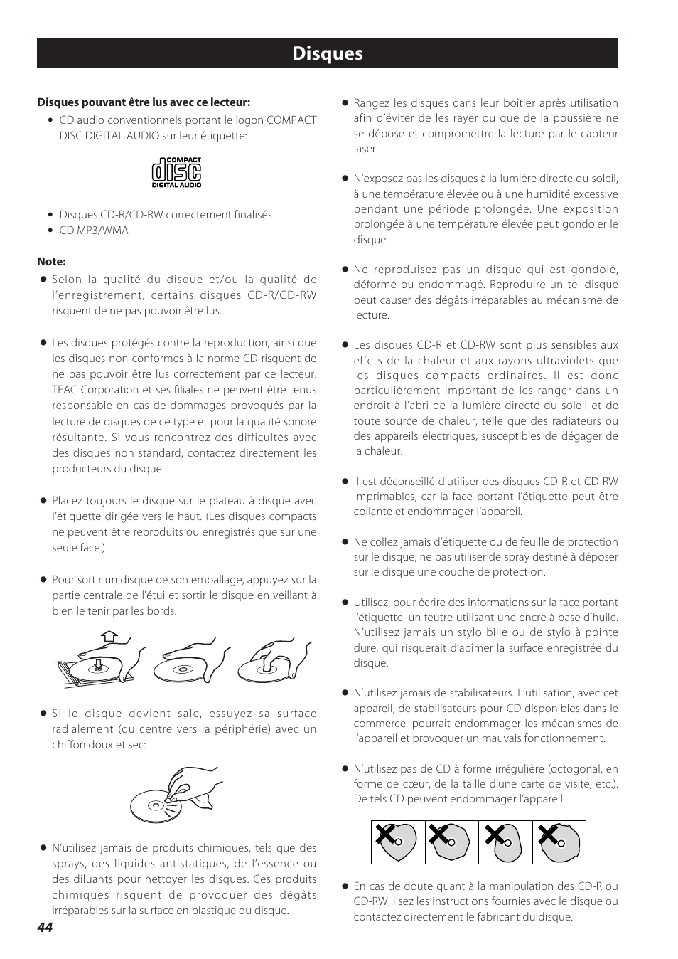 Disques, Mp3 et wma, Compatibilité avec les ipod | Teac CD Receiver CR-H238i User Manual | Page 44 / 118