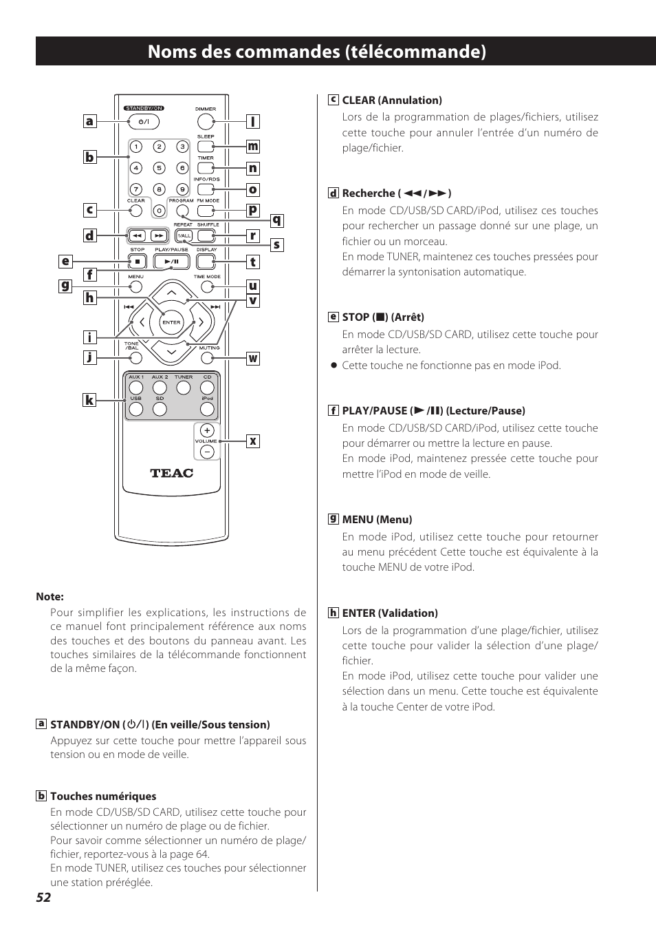 Noms des commandes (télécommande) | Teac CD Receiver CR-H238i User Manual | Page 52 / 118