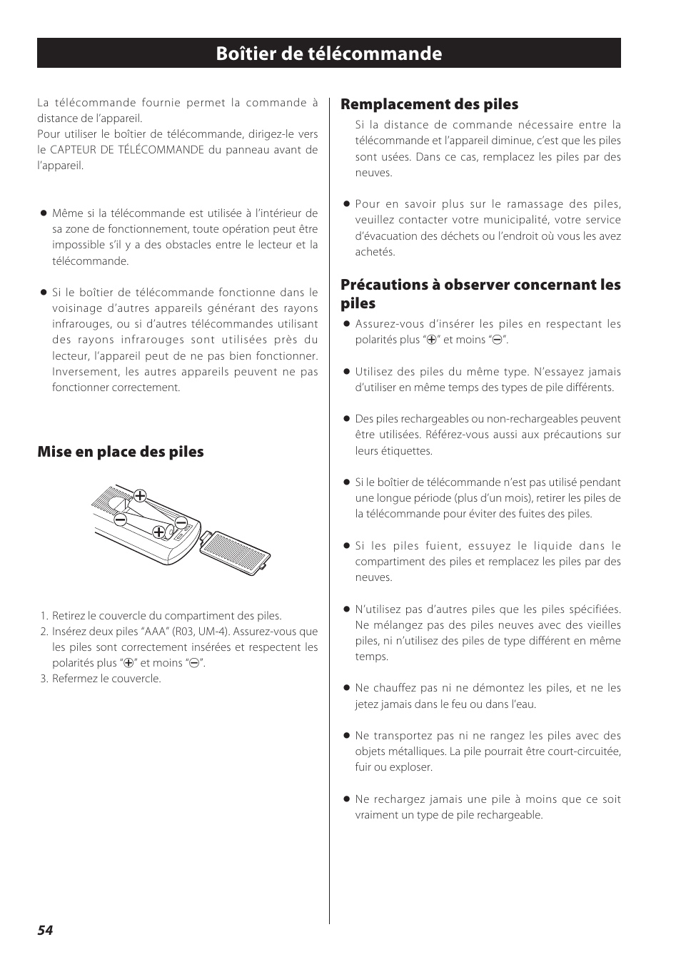 Boîtier de télécommande, Fonctionnement de base, Remplacement des piles | Précautions à observer concernant les piles, Mise en place des piles | Teac CD Receiver CR-H238i User Manual | Page 54 / 118