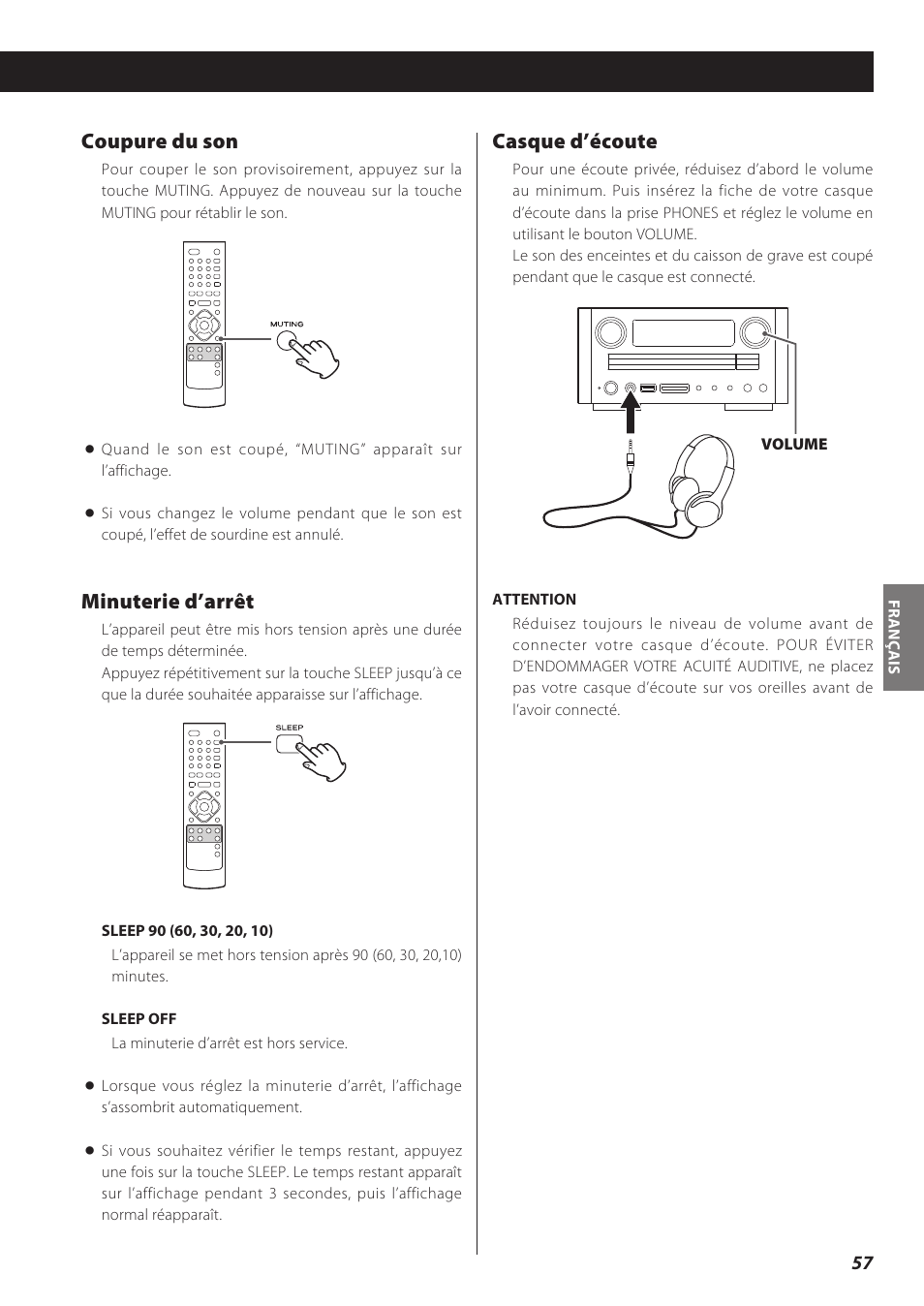 Coupure du son, Minuterie d’arrêt, Casque d’écoute | Teac CD Receiver CR-H238i User Manual | Page 57 / 118