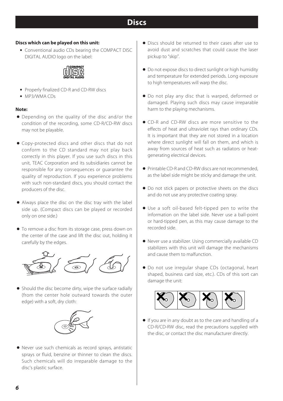 Discs, Mp3 and wma, Ipod compatibility | Teac CD Receiver CR-H238i User Manual | Page 6 / 118