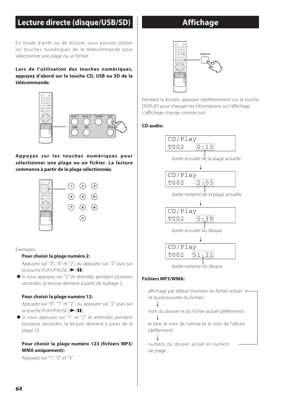 Lecture directe (disque/usb/sd), Affichage, Lecture répétée (disque/usb/sd) | Lecture aléatoire (disque/usb/sd) | Teac CD Receiver CR-H238i User Manual | Page 64 / 118