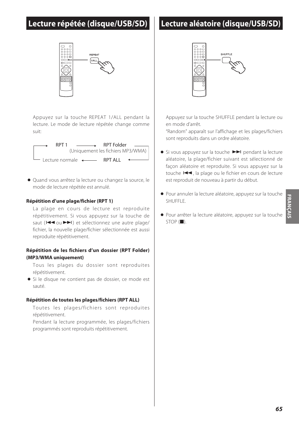 Lecture répétée (disque/usb/sd), Lecture aléatoire (disque/usb/sd) | Teac CD Receiver CR-H238i User Manual | Page 65 / 118