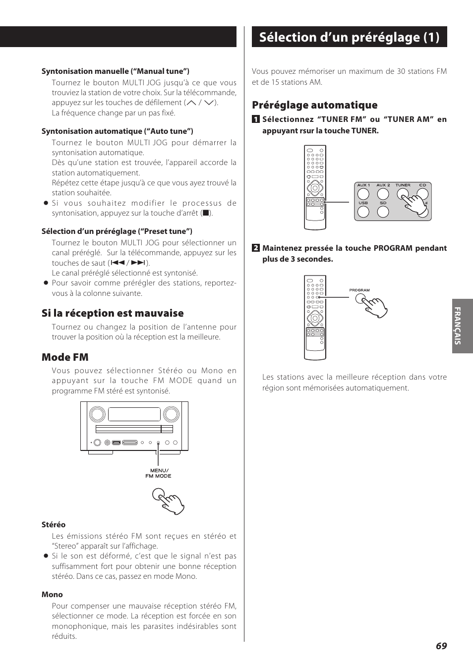 Sélection d’un préréglage (1), Si la réception est mauvaise, Mode fm | Préréglage automatique | Teac CD Receiver CR-H238i User Manual | Page 69 / 118