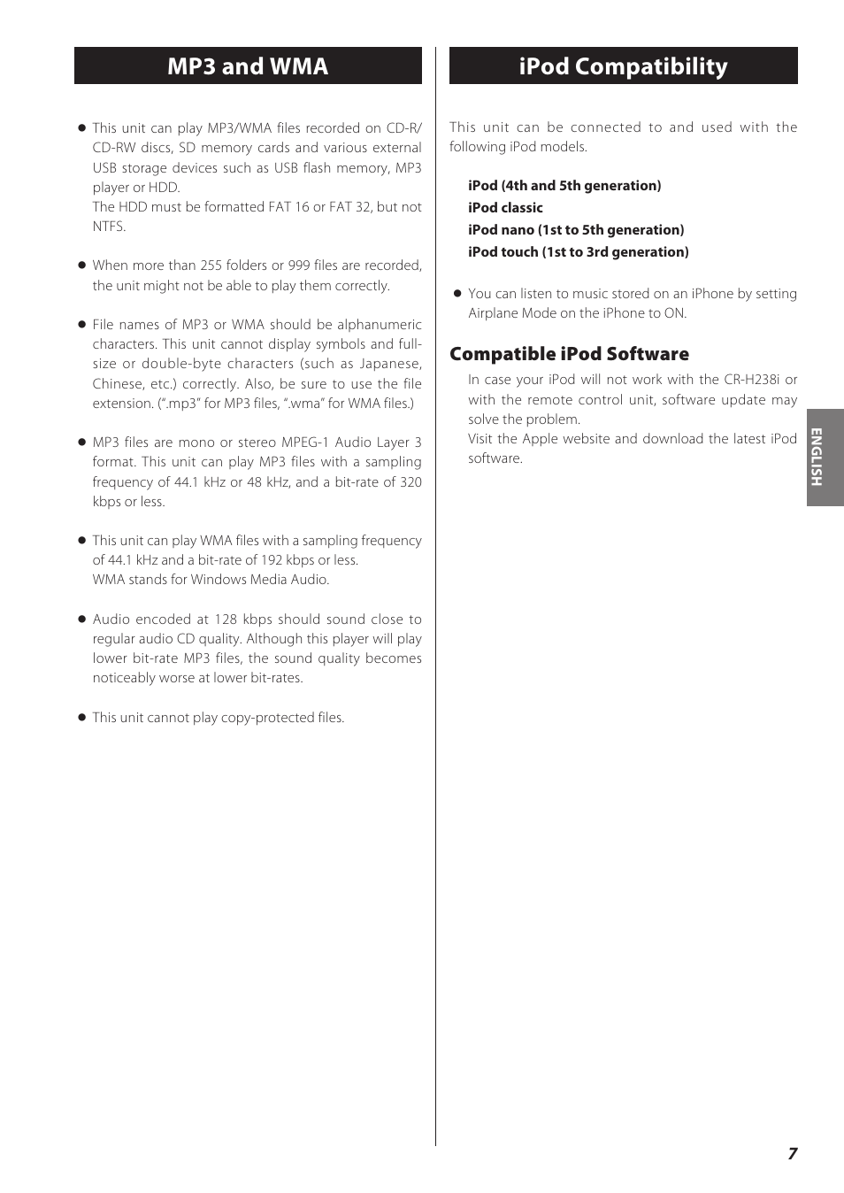 Mp3 and wma ipod compatibility, Compatible ipod software | Teac CD Receiver CR-H238i User Manual | Page 7 / 118