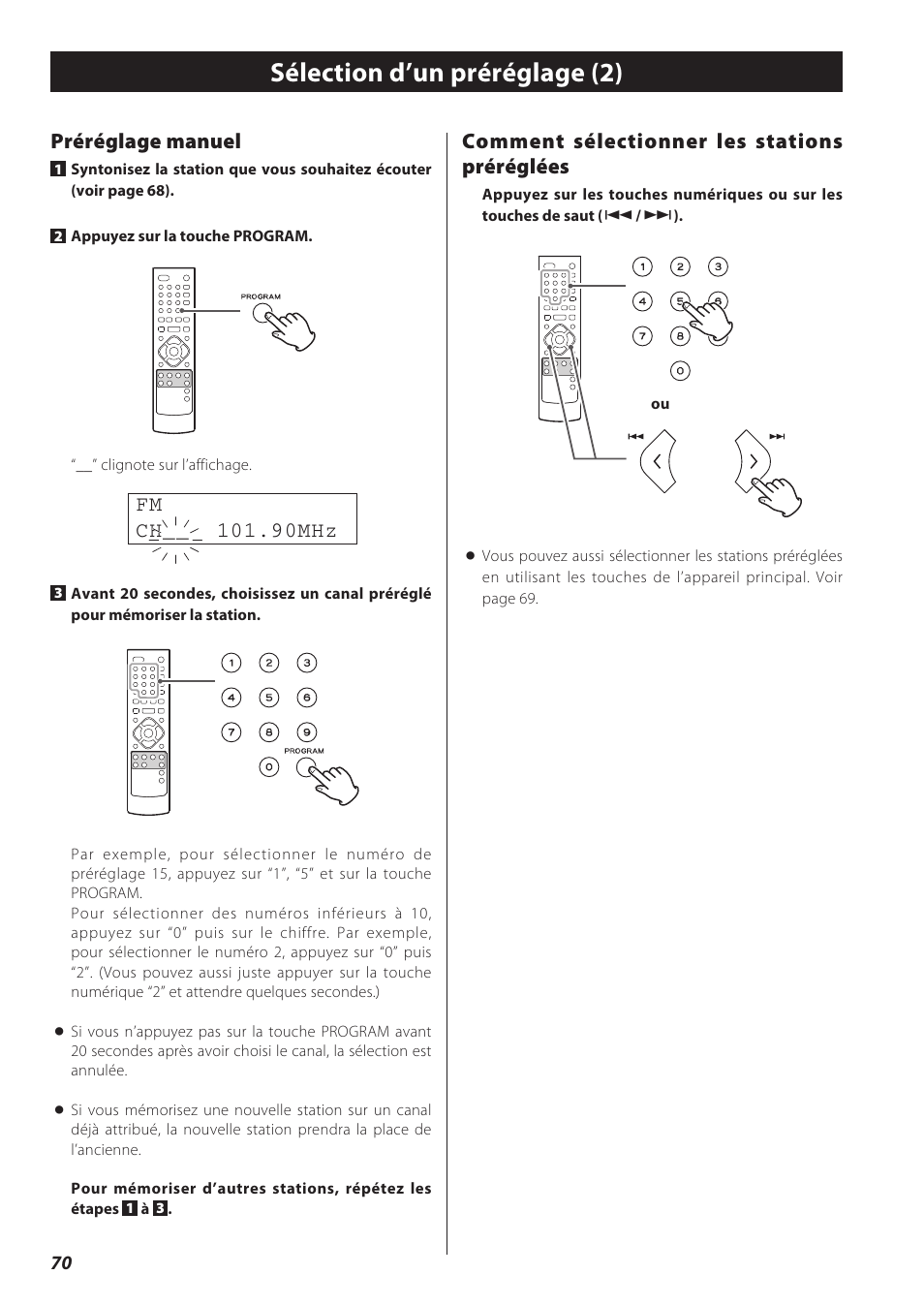 Rds (uniquement pour l’europe), Sélection d’un préréglage (2), Préréglage manuel | Fm ch mhz, Comment sélectionner les stations préréglées | Teac CD Receiver CR-H238i User Manual | Page 70 / 118