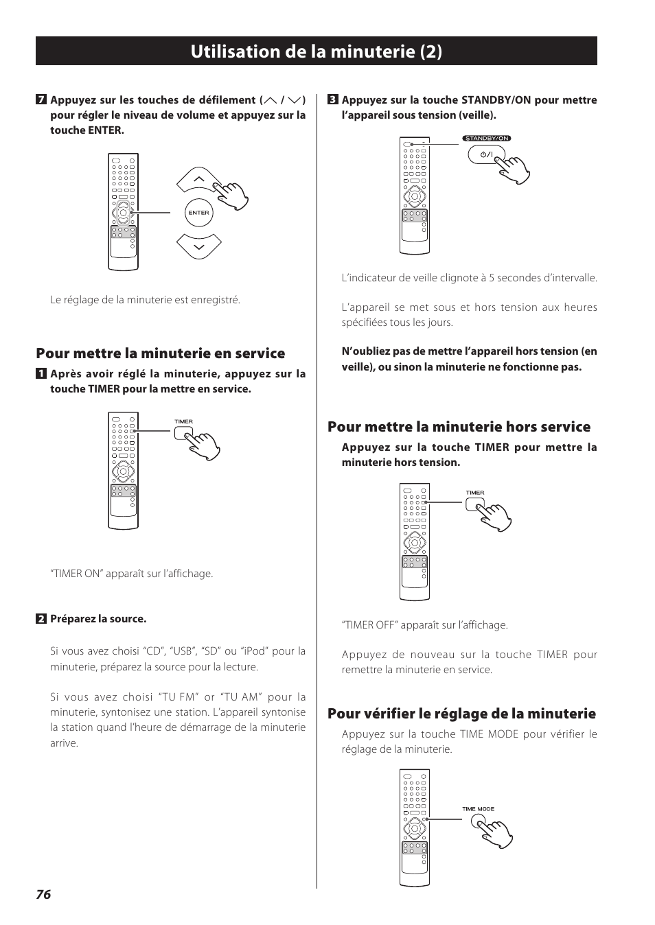 Spécifications, Utilisation de la minuterie (2), Pour mettre la minuterie en service | Pour mettre la minuterie hors service, Pour vérifier le réglage de la minuterie | Teac CD Receiver CR-H238i User Manual | Page 76 / 118