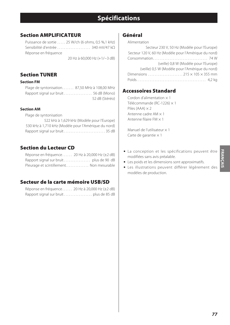 Spécifications, Secteur de la carte mémoire usb/sd, Général | Accessoires standard | Teac CD Receiver CR-H238i User Manual | Page 77 / 118