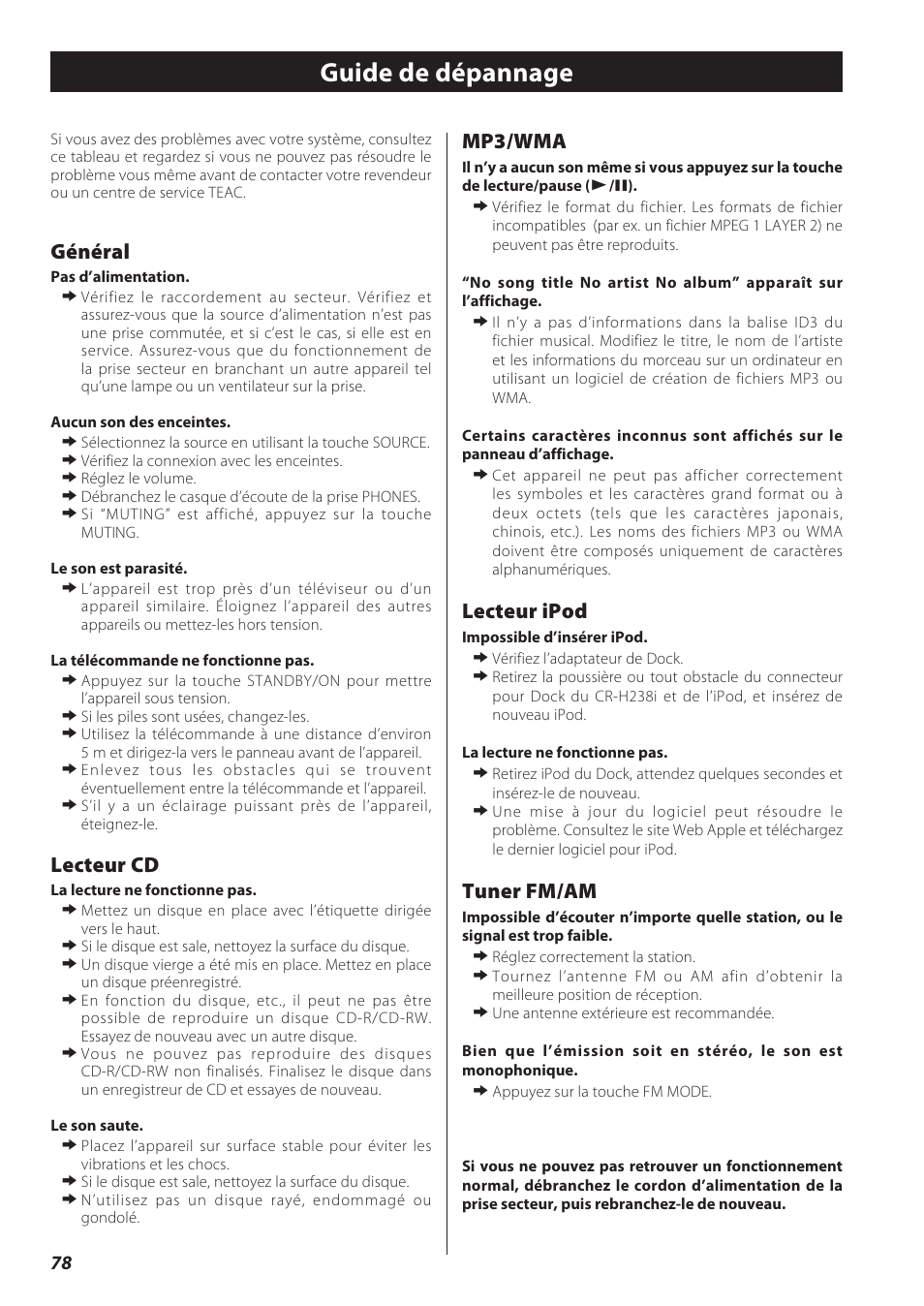 Guide de dépannage, Général, Lecteur cd | Mp3/wma, Lecteur ipod, Tuner fm/am | Teac CD Receiver CR-H238i User Manual | Page 78 / 118