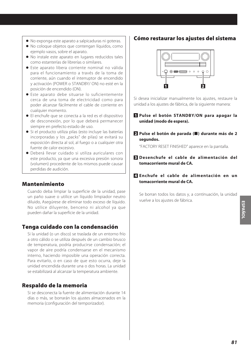 Mantenimiento, Tenga cuidado con la condensación, Cómo restaurar los ajustes del sistema | Teac CD Receiver CR-H238i User Manual | Page 81 / 118