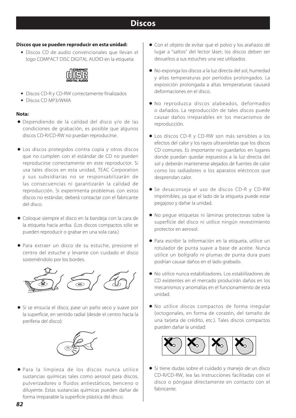 Discos, Mp3 y wma, Compatibilidad con ipod | Teac CD Receiver CR-H238i User Manual | Page 82 / 118