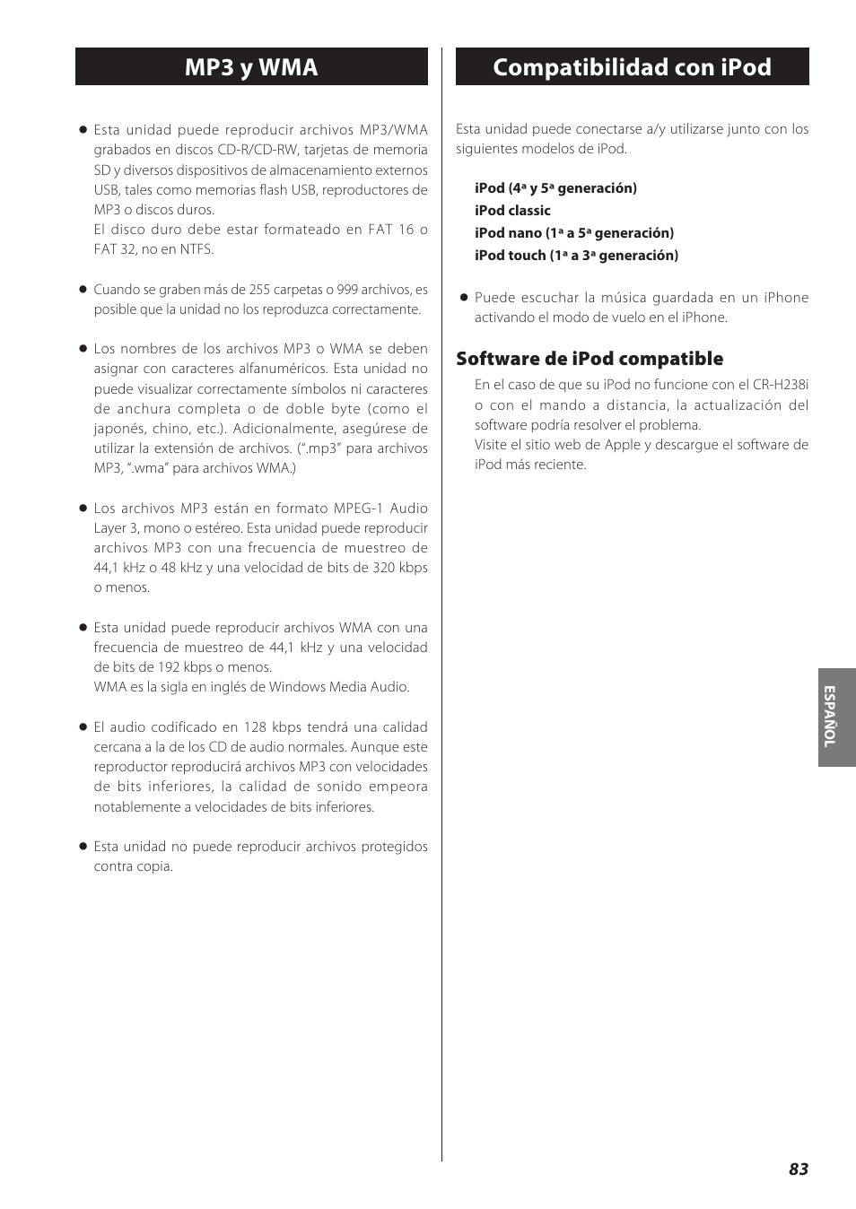 Mp3 y wma compatibilidad con ipod, Software de ipod compatible | Teac CD Receiver CR-H238i User Manual | Page 83 / 118