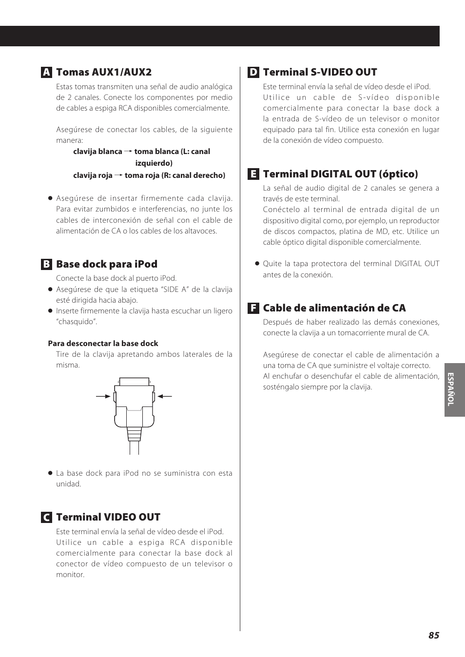 Terminal s-video out, Eterminal digital out (óptico), Cable de alimentación de ca | Atomas aux1/aux2, Base dock para ipod, Terminal video out | Teac CD Receiver CR-H238i User Manual | Page 85 / 118