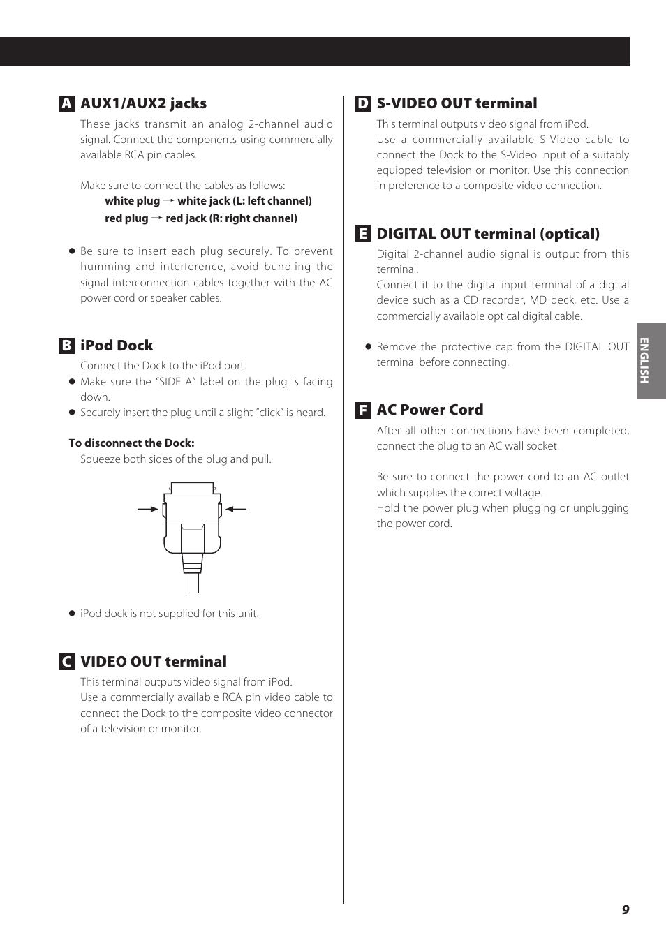 S-video out terminal, Edigital out terminal (optical), Ac power cord | Aaux1/aux2 jacks, Ipod dock, Video out terminal | Teac CD Receiver CR-H238i User Manual | Page 9 / 118