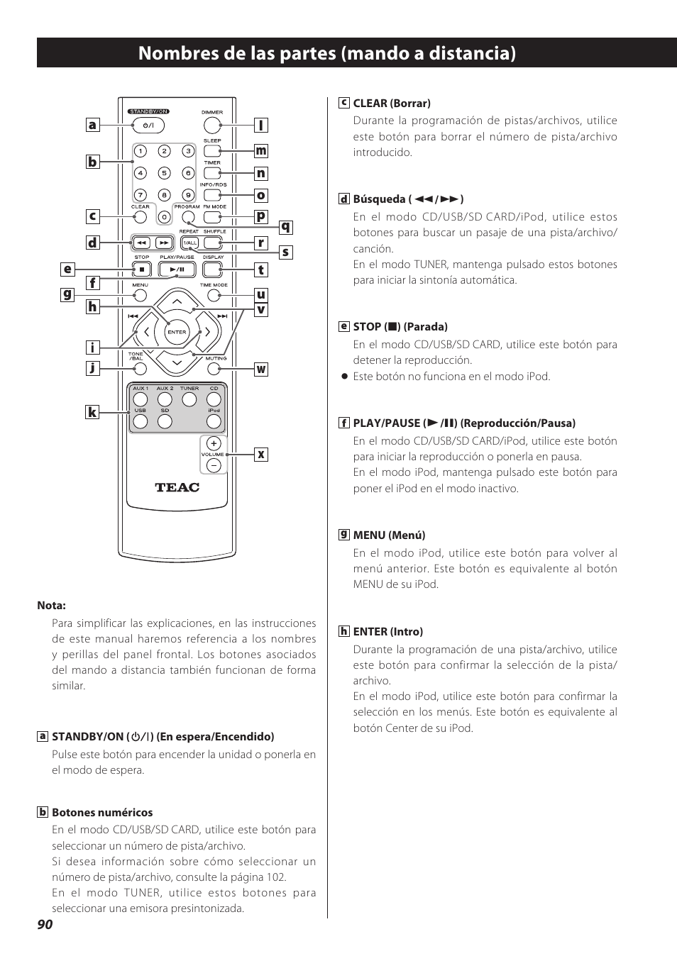 Nombres de las partes (mando a distancia) | Teac CD Receiver CR-H238i User Manual | Page 90 / 118