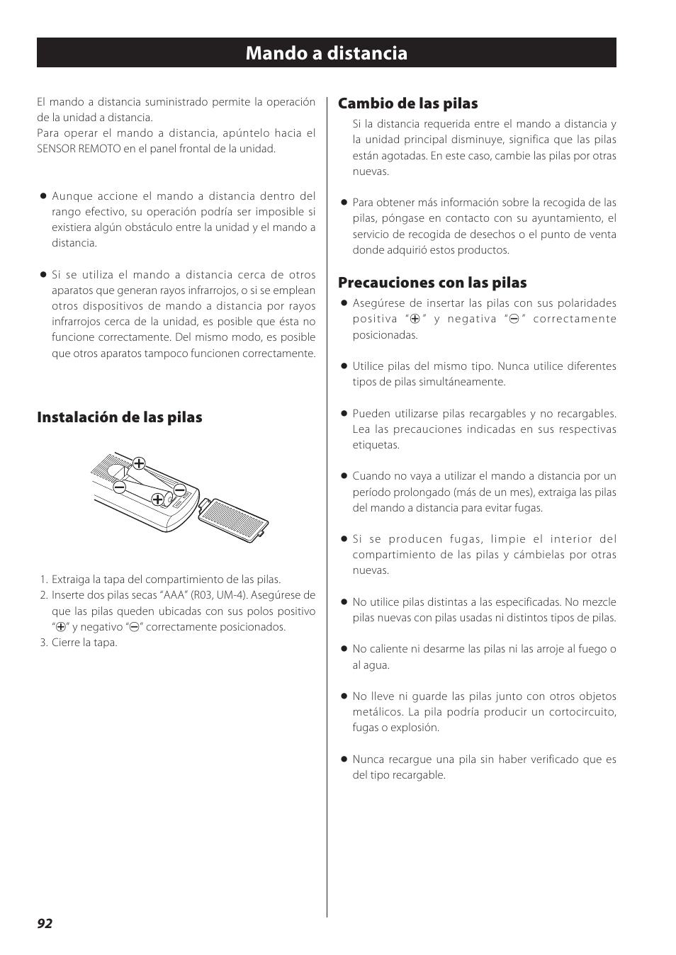 Mando a distancia, Operación básica, Cambio de las pilas | Precauciones con las pilas, Instalación de las pilas | Teac CD Receiver CR-H238i User Manual | Page 92 / 118