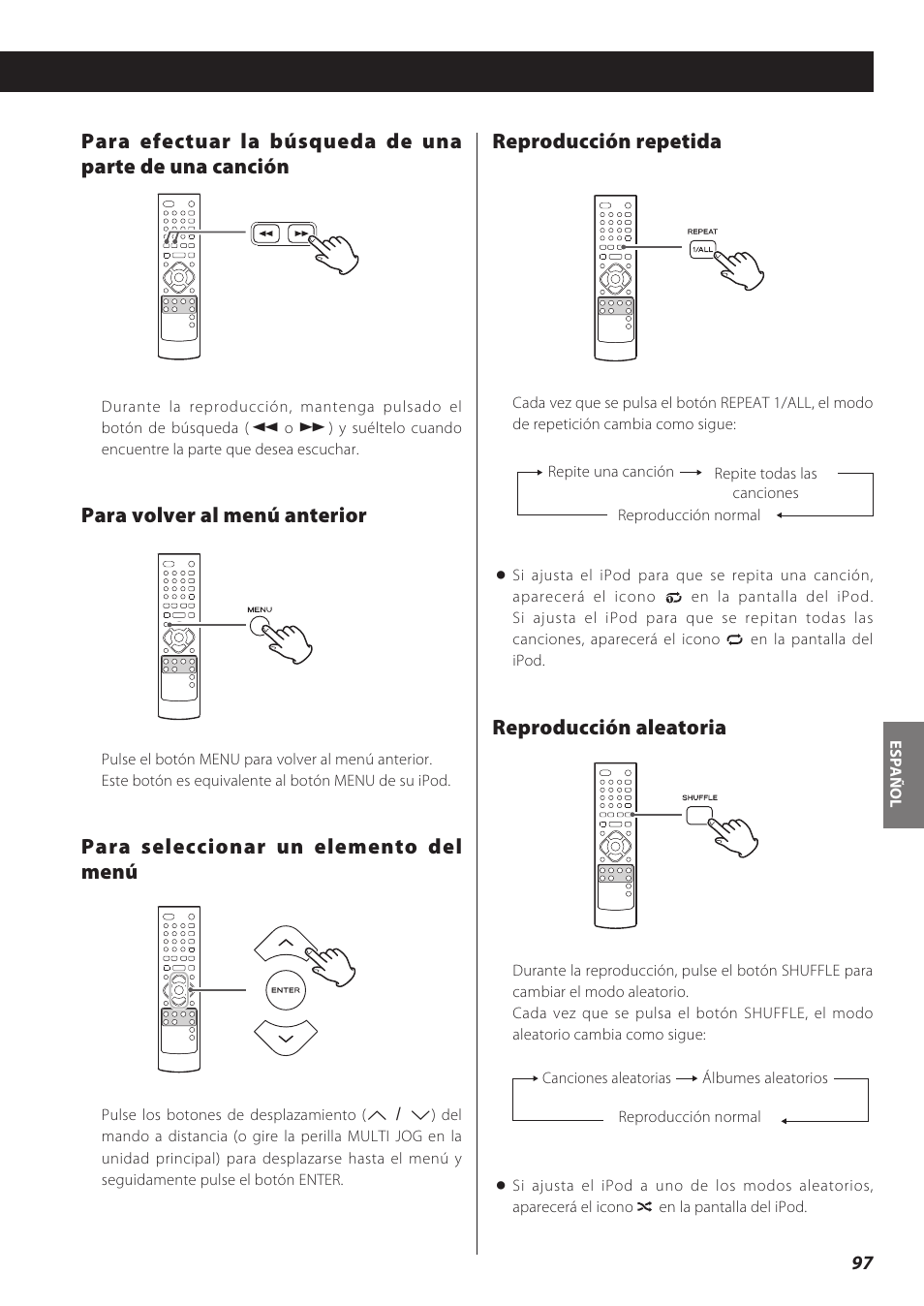 Reproducción repetida, Reproducción aleatoria, Para volver al menú anterior | Para seleccionar un elemento del menú | Teac CD Receiver CR-H238i User Manual | Page 97 / 118