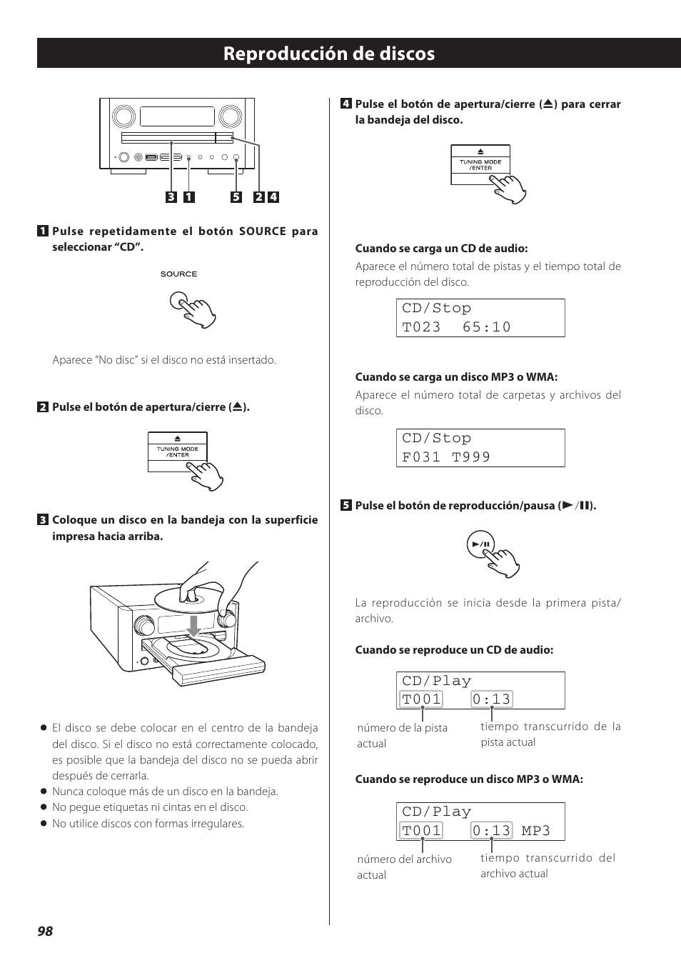 Reproducción de discos, Reproducción usb | Teac CD Receiver CR-H238i User Manual | Page 98 / 118