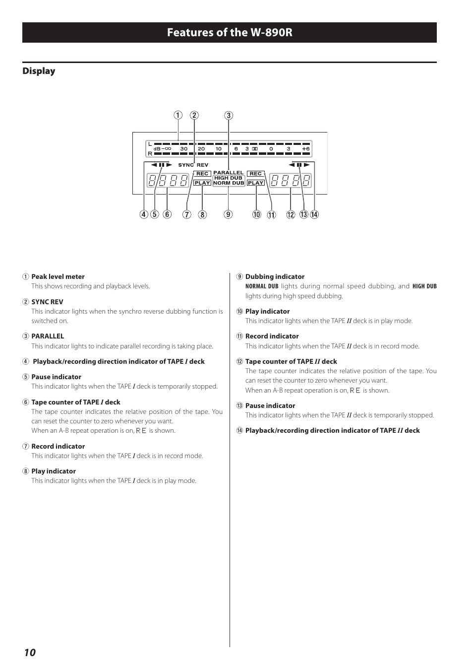 Display, Features of the w-890r | Teac Double Auto Reverse Cassette Deck W-890R User Manual | Page 10 / 64