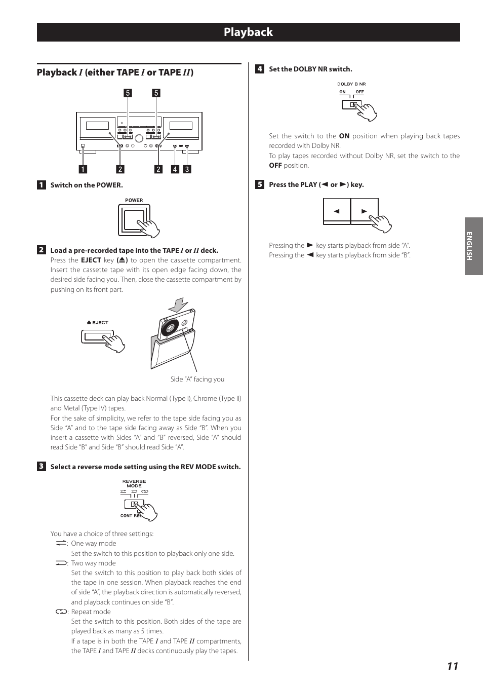 Playback, Playback i (either tape i or tape ii), Playback i (either tape i or tape ii ) | Teac Double Auto Reverse Cassette Deck W-890R User Manual | Page 11 / 64